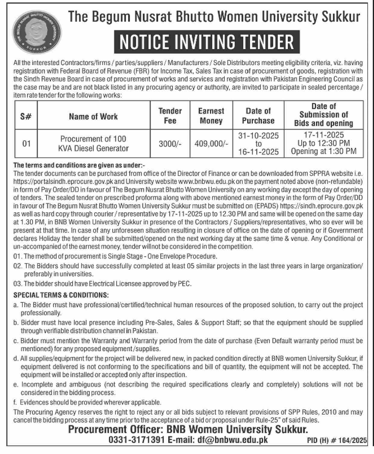 The Begum Nusrat Bhutto Women University Sukkur Tender Notice